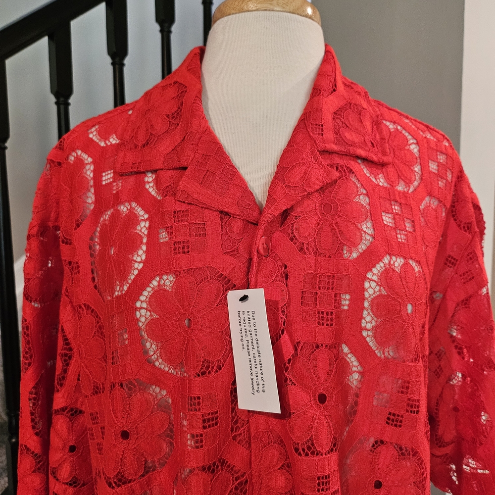 Mode of One Fiery Red Lace Women’s Blouse/Shirt (Size L)
